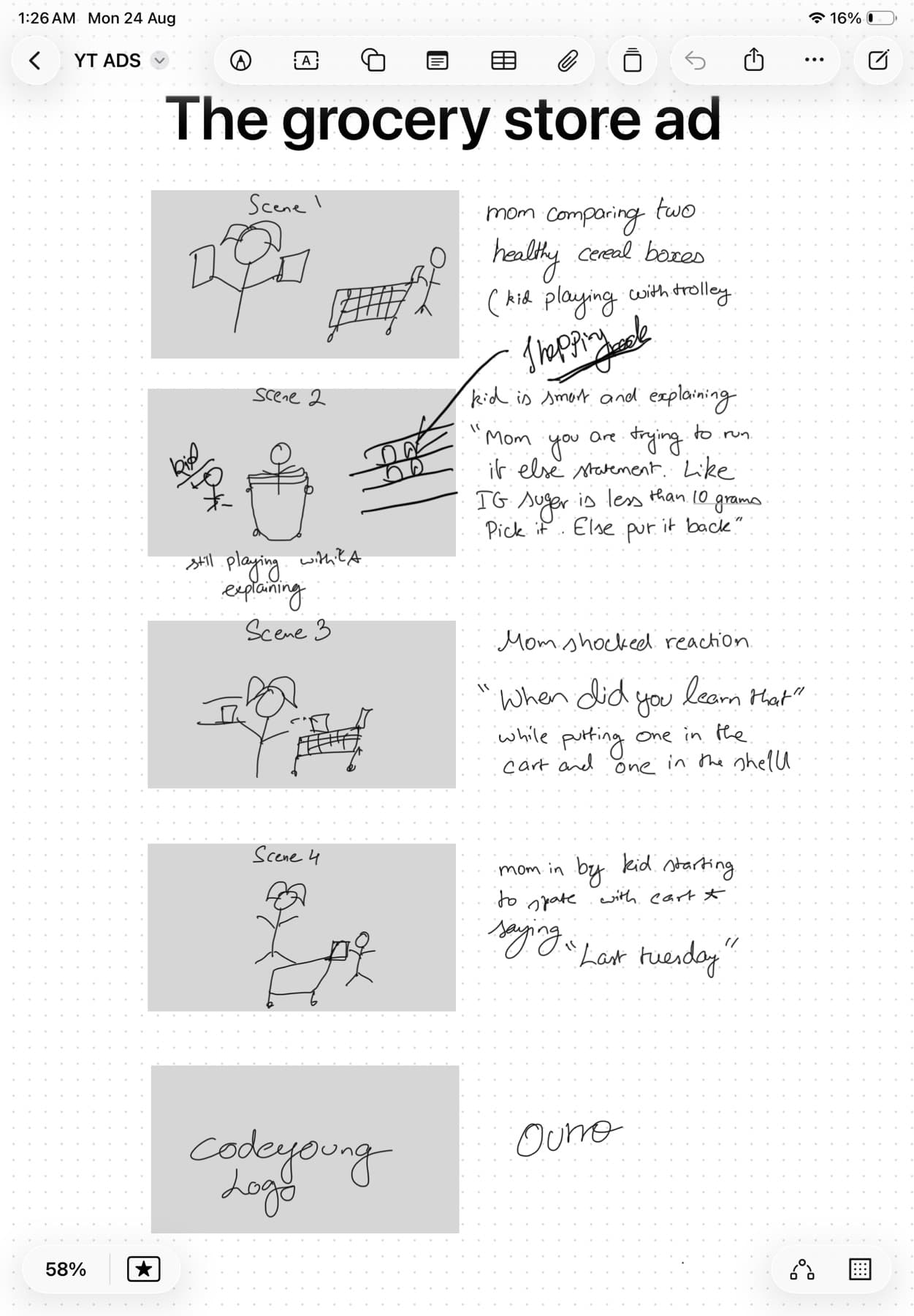 Storyboard sketch for a CodeYoung creative